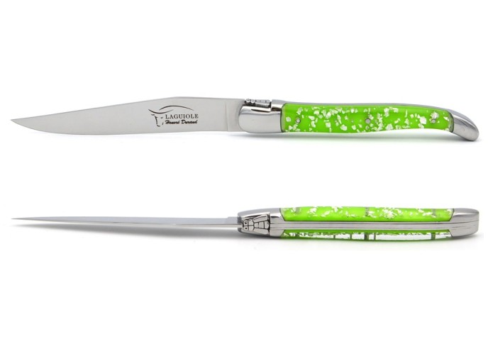 Laguiole steak knives, silver foil inclusion handle with shiny bolsters