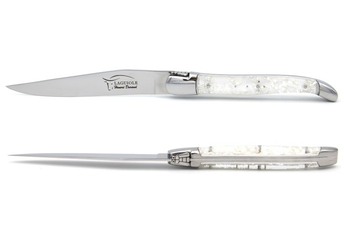 Laguiole steak knives, silver foil inclusion handle with shiny bolsters
