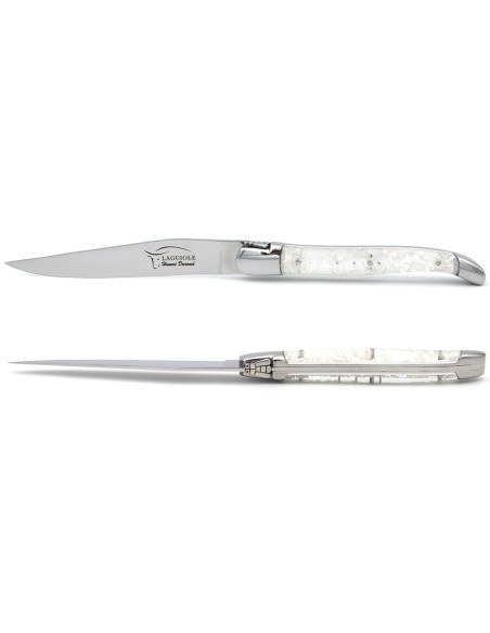 Laguiole steak knives, silver foil inclusion handle with shiny bolsters