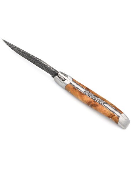 Laguiole pliant, 12 cm, lame Damas mosaïque, manche en genévrier