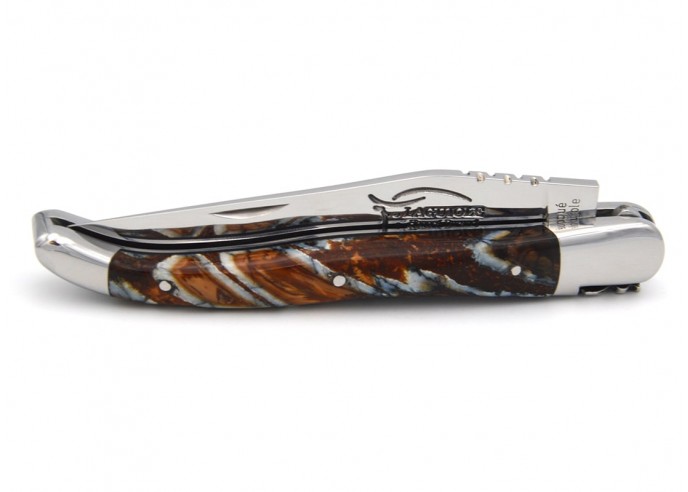 Laguiole pocket knife 12 cm, brown mammoth molar handle, forged bee, stainless steel bolsters