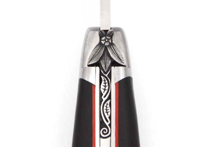 Laguiole knife, chiselled bee and spring, ebony handle & red spacer