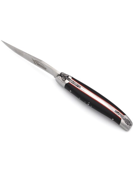 Laguiole knife, chiselled bee and spring, ebony handle & red spacer