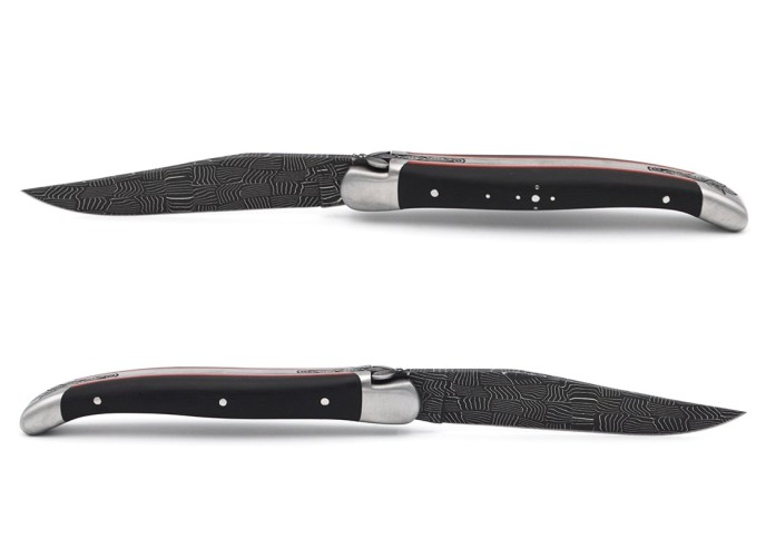 Laguiole 11 cm, Mosaic Damascus, chiselled bee and spring, ebony handle & red spacer