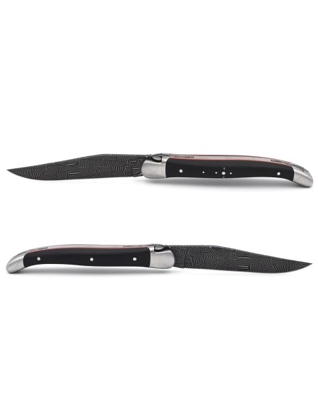 Laguiole 11 cm, Mosaic Damascus, chiselled bee and spring, ebony handle & red spacer