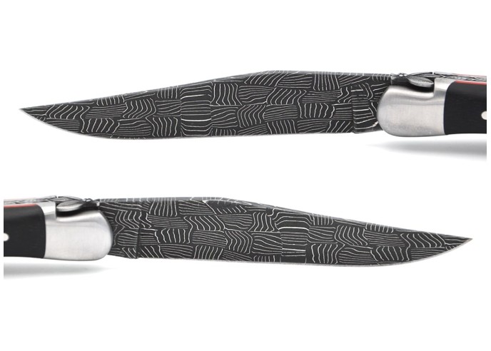 Laguiole 11 cm, Mosaic Damascus, chiselled bee and spring, ebony handle & red spacer
