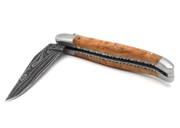laguiole 12cm damast klinge biene und feder mit meissel handziseliert griff aus wacholder