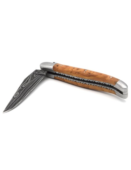 laguiole 12cm damast klinge biene und feder mit meissel handziseliert griff aus wacholder