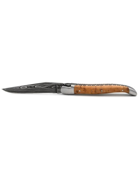laguiole 12cm damast klinge biene und feder mit meissel handziseliert griff aus wacholder