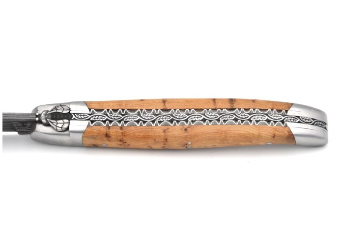 laguiole pocket knife 12 cm bee and spring chiseled with file damascus steel blade juniper handle