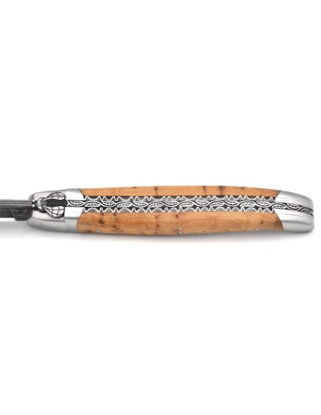 laguiole pliant 12cm lame damas sauvage abeille et ressort ciseles burin manche en genévrier