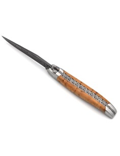 laguiole pliant 12cm lame damas sauvage abeille et ressort ciseles burin manche en genévrier 2
