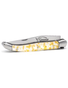 Laguiole pliant, 11 cm, abeille soudée, lame seule,  mitres inox brillant, manche feuille d'or en inclusion