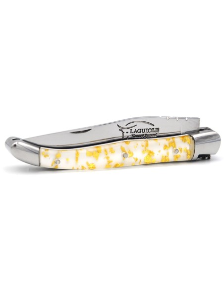 Laguiole pocket knife, 11 cm, welded bee, gold foil inclusion handle with shiny bolsters