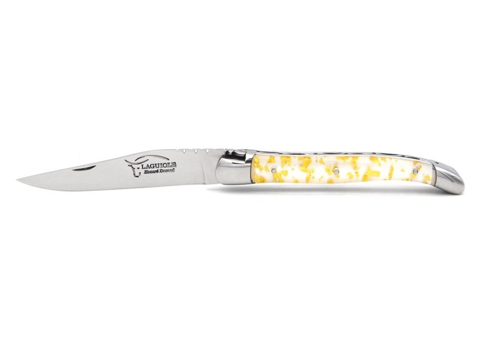 Laguiole pliant, 11 cm, abeille soudée, lame seule,  mitres inox brillant, manche feuille d'or en inclusion