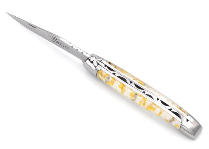 Laguiole pocket knife, 11 cm, welded bee, gold foil inclusion handle with shiny bolsters