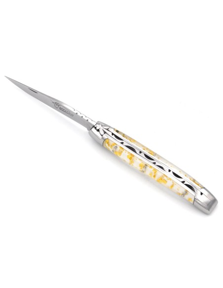 Laguiole Klappmesser, 11cm, Geschweißte Biene, Heftbacken aus glänzendem Edelstahl, Griff aus Blattgold in Einschlüssen