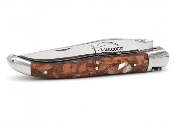 Laguiole pocket knife, 11 cm, forged bee, copper recycled horn handle with shiny bolsters