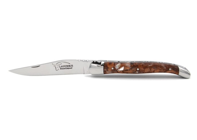 Laguiole Klappmesser, 11cm, Geschmiedete Biene, Kupfer Griff aus recyceltes Horn