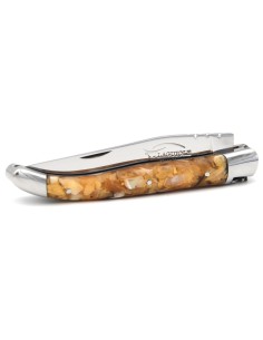 Laguiole pliant, 11 cm, abeille forgée, manche or en corne recyclée