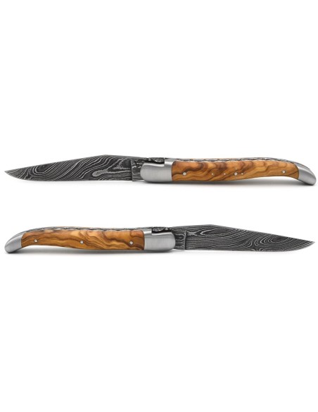laguiole pliant 12cm lame damas sauvage abeille et ressort ciseles burin manche en olivier