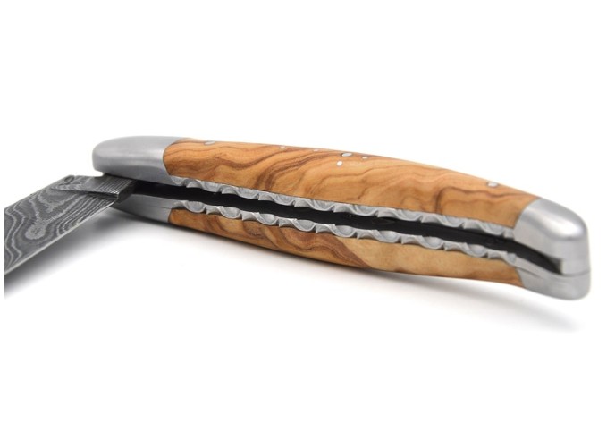 laguiole 12cm damast klinge biene und feder mit meissel handziseliert griff aus Olivenholz