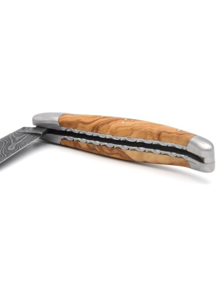 laguiole pliant 12cm lame damas sauvage abeille et ressort ciseles burin manche en olivier