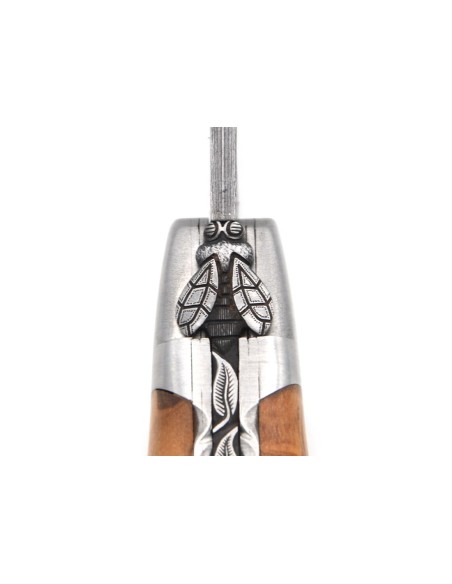 laguiole 12cm damast klinge biene und feder mit meissel handziseliert griff aus Olivenholz
