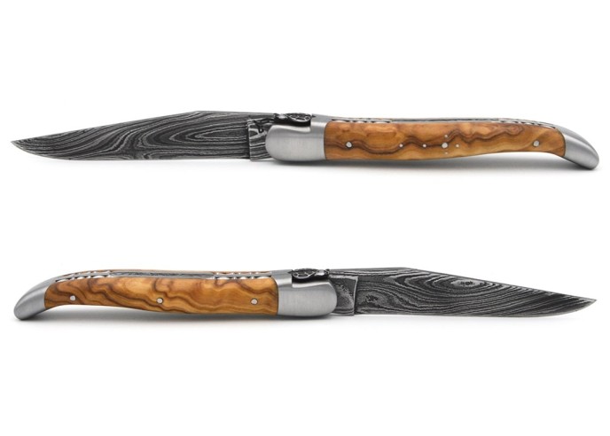 laguiole pliant 12cm lame damas sauvage abeille et ressort ciseles burin manche en olivier