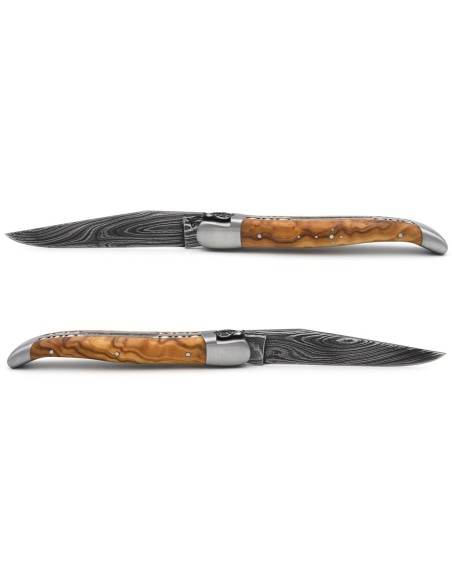 laguiole pliant 12cm lame damas sauvage abeille et ressort ciseles burin manche en olivier