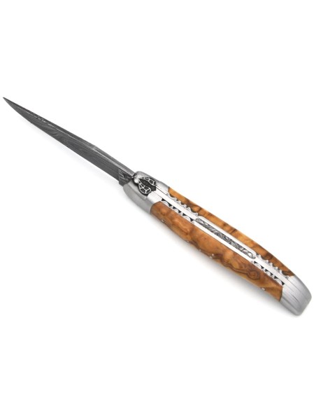 laguiole 12cm damast klinge biene und feder mit meissel handziseliert griff aus Olivenholz