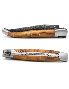 laguiole 12cm damast klinge biene und feder mit meissel handziseliert griff aus Olivenholz