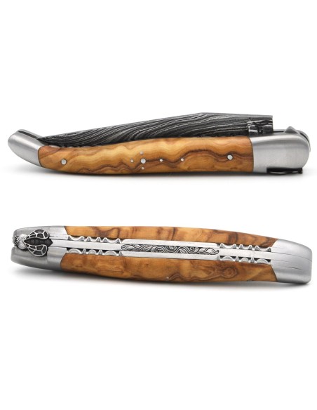 laguiole pocket knife 12 cm bee and spring chiseled with file damascus steel blade olivewood handle