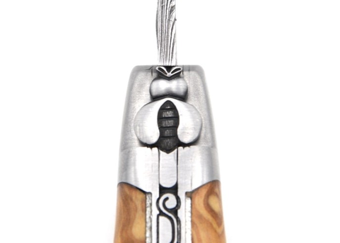 laguiole 12cm damast klinge biene und feder mit meissel handziseliert griff aus Olivenholz