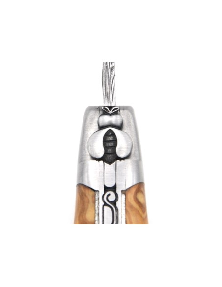 laguiole pliant 12cm lame damas sauvage abeille et ressort ciseles burin manche en olivier