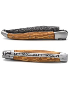 laguiole pliant 12cm lame damas sauvage abeille et ressort ciseles burin manche en olivier