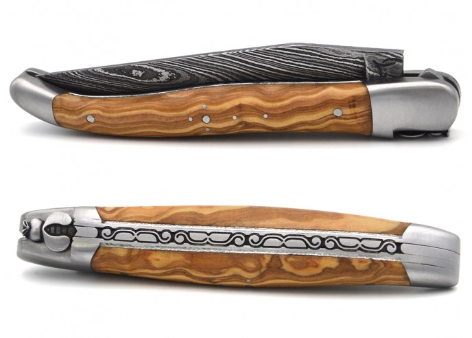 Laguiole pocket knife, 12 cm, bee and spring chiseled with file, Damascus steel blade, olive wood handle