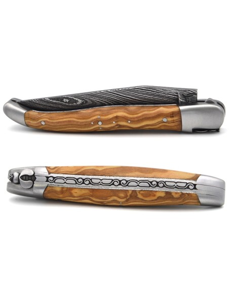 laguiole pocket knife 12 cm bee and spring chiseled with file damascus steel blade olivewood handle