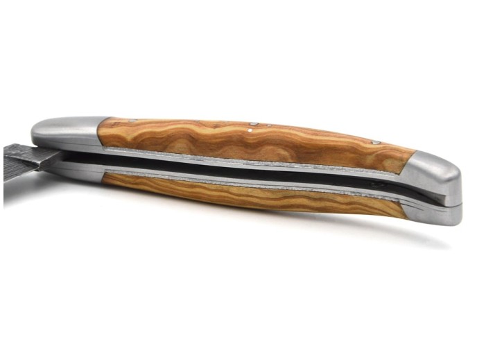 laguiole 12cm damast klinge biene und feder mit meissel handziseliert griff aus Olivenholz