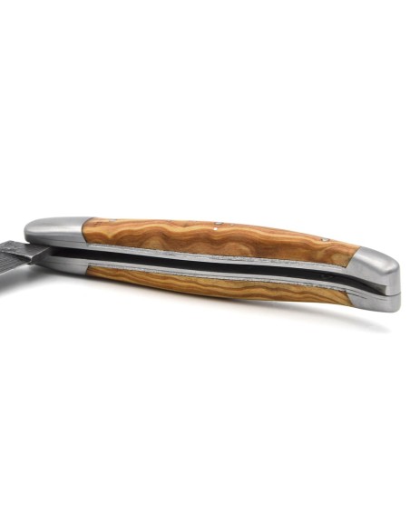 laguiole pliant 12cm lame damas sauvage abeille et ressort ciseles burin manche en olivier