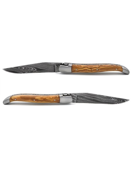 laguiole pliant 12cm lame damas sauvage abeille et ressort ciseles burin manche en olivier