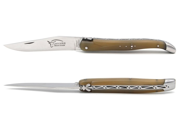 Laguiole Klappmesser, 12cm, Geschmiedete Biene, Heftbacken aus glänzendem Edelstahl, Griff aus Hornspitze