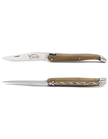 Laguiole pliant abeille forgée, 12 cm, manche pointe de corne claire
