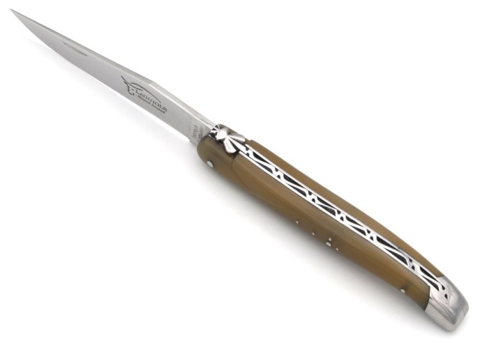 Laguiole pocket knife, 12 cm, forged bee, pale horn tip handle with shiny bolsters