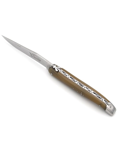 Laguiole pliant abeille forgée, 12 cm, manche pointe de corne claire