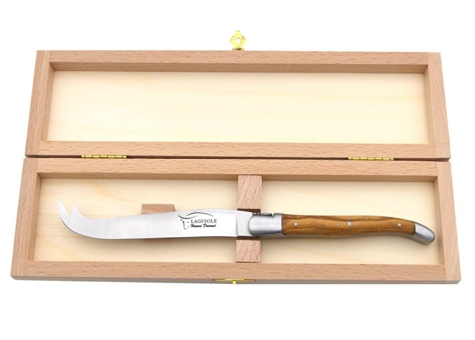 Laguiole cheese knife with shiny stainless steel bolsters. Slim olive wood handle