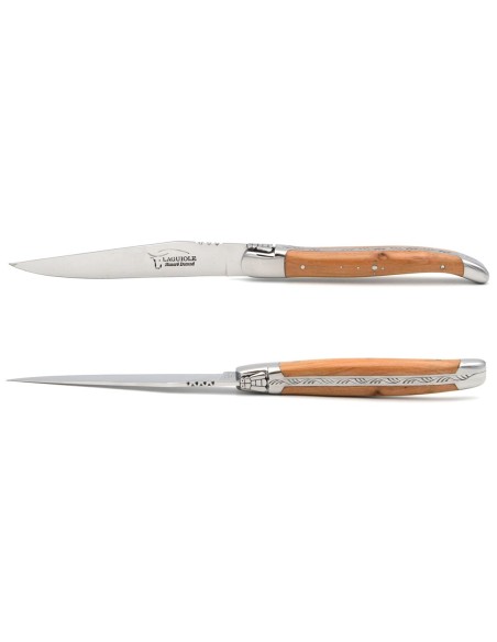 Laguiole steak knives with brass bolsters. Wide olive wood handles