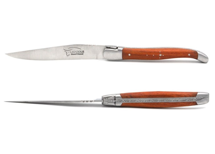 Laguiole Steakmesser, Heftbacken aus mattem Edelstahl, breiterer Griff aus Rosenholz