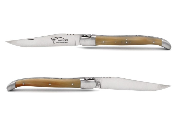 Laguiole pocket knife, 13 cm, forged bee, pale horn tip handle with matt bolsters