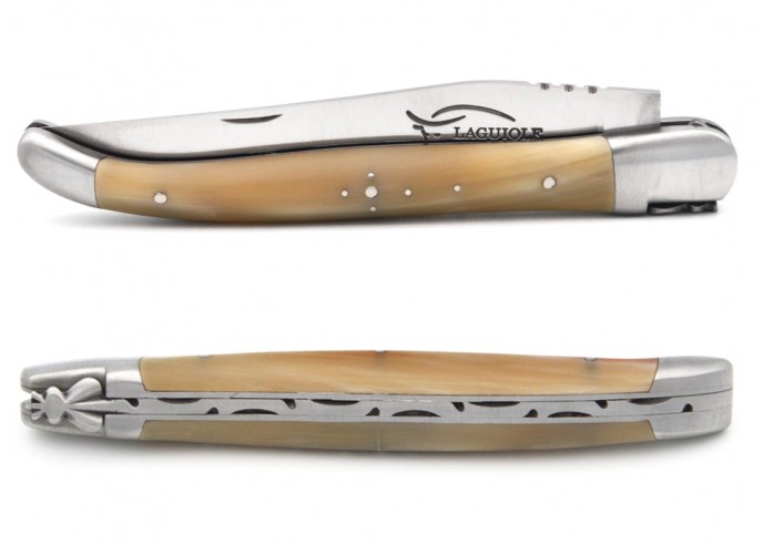 Laguiole pocket knife, 13 cm, forged bee, pale horn tip handle with matt bolsters